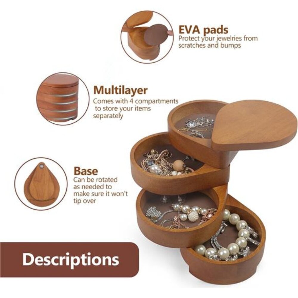 JSVER Portable Jewelry Organizer Wooden Jewelry Box, 4-Layer Rotatable Jewelry - Picture 5 of 8